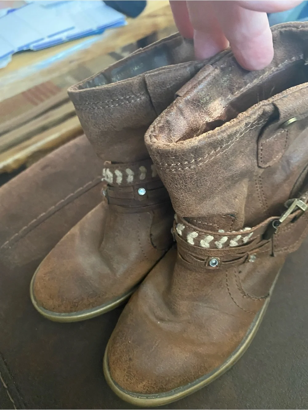 Justice Girls Brown Western Boho Slouchy Booties, Studded Straps Size 13